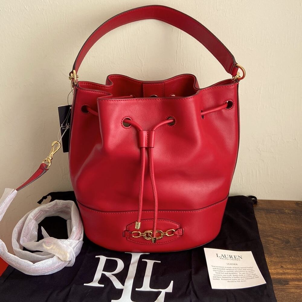 NWT MSRP$375 Ralph Lauren Leather Large Andie Drawstring Bag Red